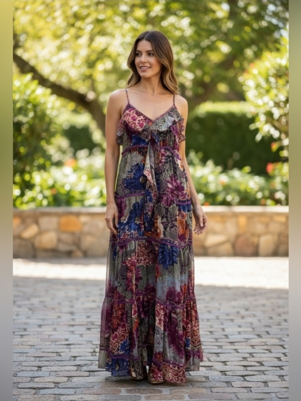 Bila Burgundy and Navy Floral Maxi Dress Size L